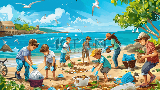 沙滩海边度假插画图片_彩色手绘海边沙滩游客度假垃圾的插画4