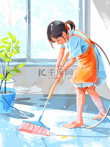 预热清洗插画图片_亚洲人打扫房间的家政服务人员