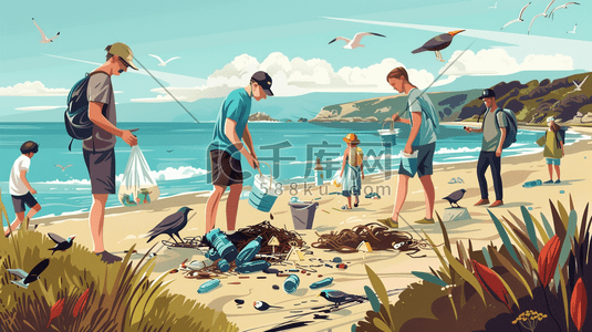垃圾分类插画图片_彩色手绘海边沙滩游客度假垃圾的插画7