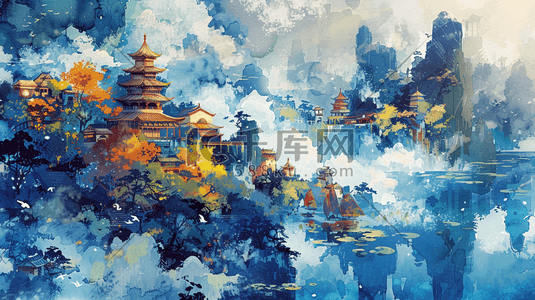 晕染水彩插画图片_水彩绘画艺术风格山水风景的插画2