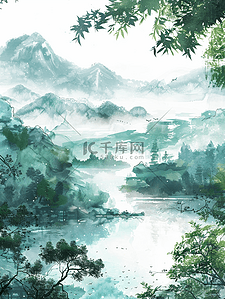 简约画面插画图片_简约唯美山水风景如画的背景2插画素材