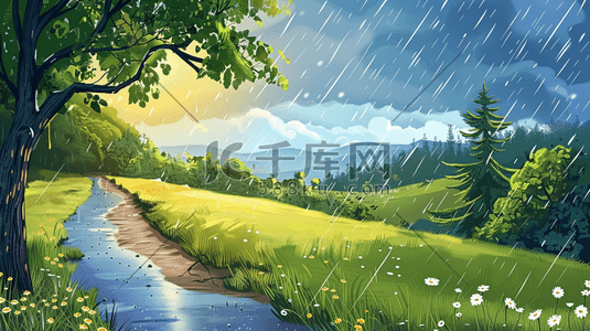 下雨的天空插画图片_雨季下雨户外风景树木河流景色的插画23