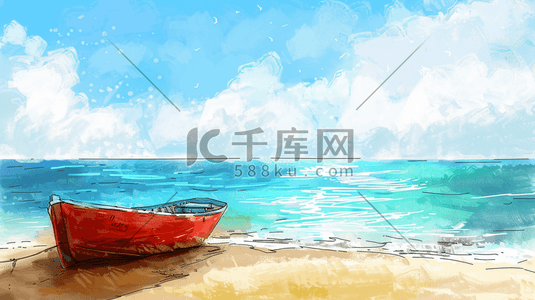 儿童海边玩耍插画图片_彩色手绘绘画海边沙滩小船的插画14