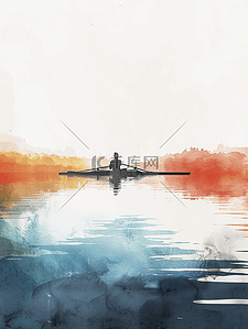 彩色缤纷晕染河面撑船的插画1
