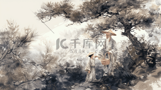 如意童子图插画图片_手绘国画树下古装爷爷童子的插画5