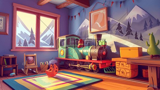 彩色块拱门插画图片_彩色卡通儿童房间小火车的插画2