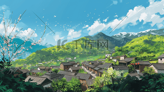 彩色手绘绘画山村风景景色的插画10
