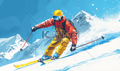 招手动作插画图片_亚洲人滑雪的青年男人