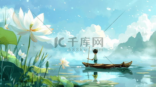 彩色国画绘画风景河面上小孩撑船的插画3