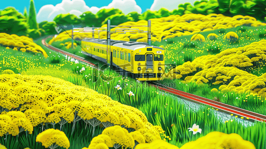 春天黄绿色风景小火车轨道的插画13