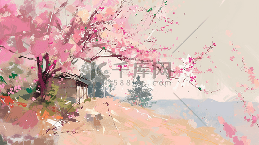 树木景色插画图片_手绘粉色森林树木景色的插画19