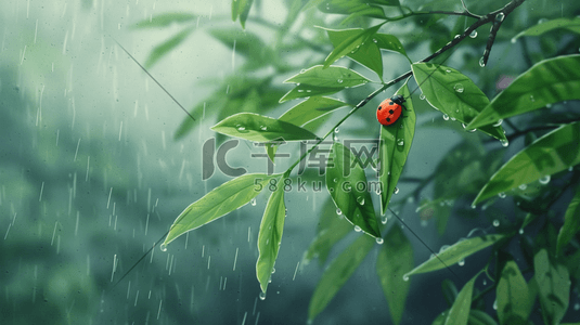 树叶插画图片_雨季下雨树叶水珠七星瓢虫的插画6