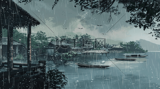 雨季下雨景区风景河面划船的插画14