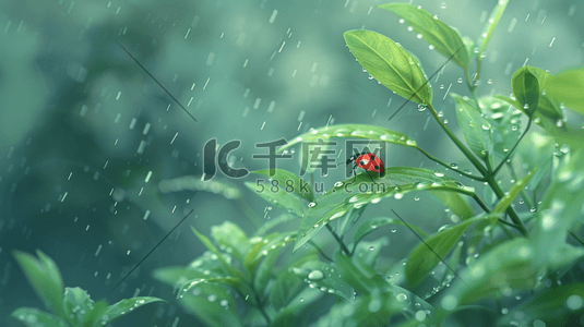 树叶插画图片_雨季下雨树叶水珠七星瓢虫的插画8