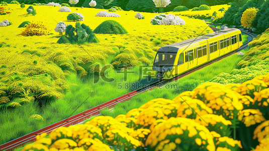 黄绿色裙子插画图片_春天黄绿色风景小火车轨道的插画2