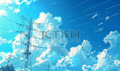 绿氢能源插画图片_蓝天白云与铁塔输电线
