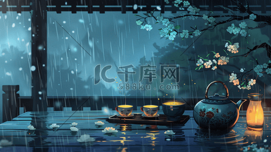 下雨下雨风景插画图片_雨季下雨景区风景河面划船的插画12