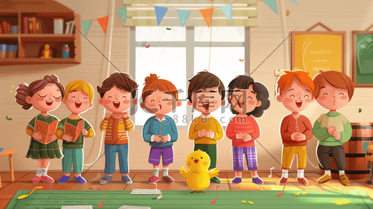 彩色的音乐插画图片_彩色绘画儿童室内开心唱歌的插画5