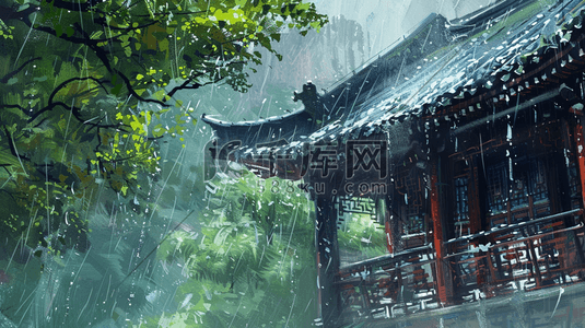 雨季下雨古风古建筑房屋的插画15