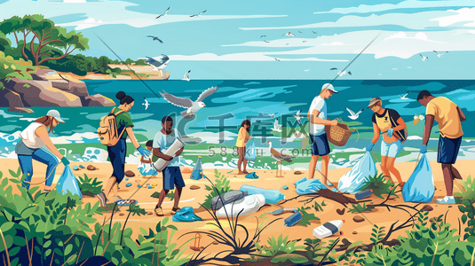 垃圾分类插画图片_彩色手绘海边沙滩游客度假垃圾的插画6