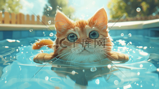 清澈插画图片_蓝色清澈可爱猫咪游泳的插画9