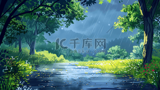 下雨的天空插画图片_雨季下雨户外风景树木河流景色的插画6