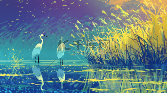 鹤的插画图片_紫色户外景色水草飞鹤的插画6