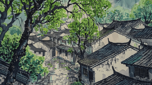 手绘绘画古建筑房屋道路风景的插画11