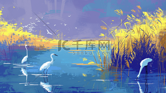 鹤的插画图片_紫色户外景色水草飞鹤的插画11