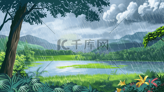 雨季下雨户外风景树木河流景色的插画16