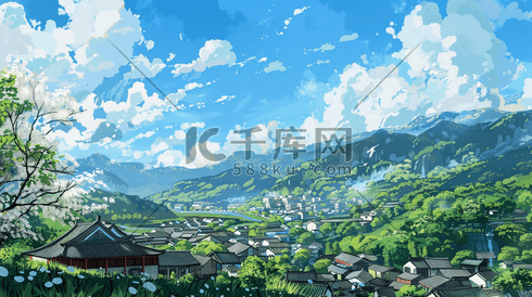 彩色手绘绘画山村风景景色的插画12