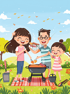 野炊烧烤插画图片_亚洲人欢乐的一家人在郊外野餐烧烤