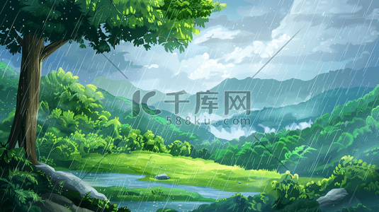 雨季下雨户外风景树木河流景色的插画11