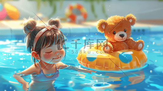 简约泳池卡通可爱女孩游泳的插画4