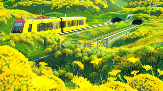 春天黄绿色风景小火车轨道的插画7