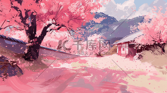 手绘粉色森林树木景色的插画9