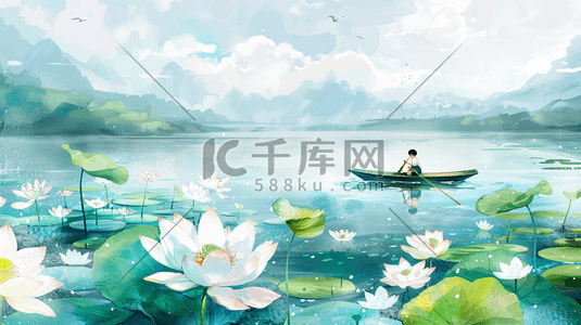 彩色国画绘画风景河面上小孩撑船的插画4
