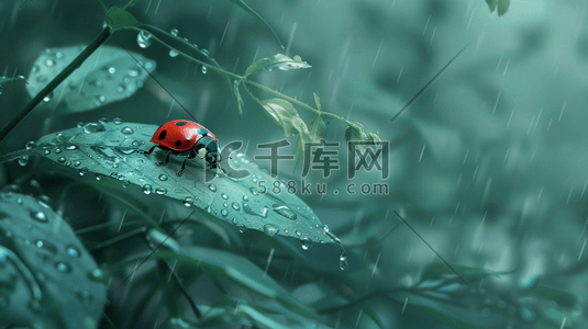 雨季下雨树叶水珠七星瓢虫的插画13