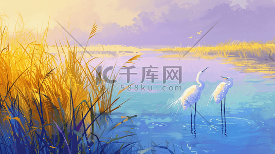 鹤的插画图片_紫色户外景色水草飞鹤的插画4
