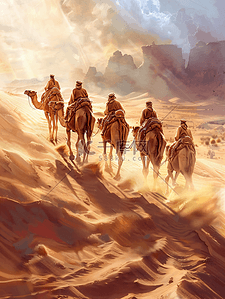 沙漠考古插画图片_沙漠驼队旅行