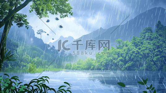 雨季下雨户外风景树木河流景色的插画25