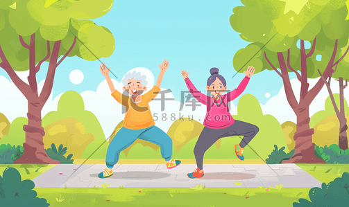 多人聊天气泡插画图片_亚洲人幸福的老年夫妇在公园里锻炼身体4