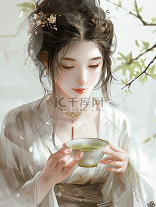 茶文化展架插画图片_品茶女生江南姑娘