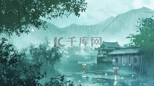 下雨下雨风景插画图片_雨季下雨景区风景河面划船的插画8