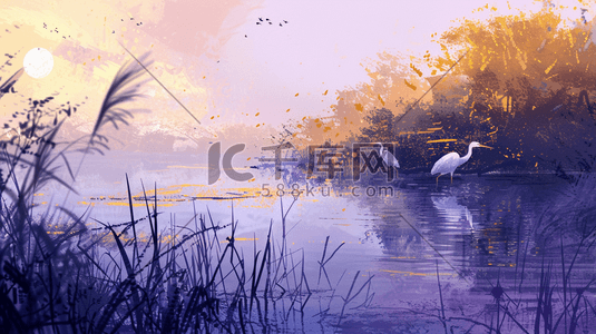 紫色户外景色水草飞鹤的插画10