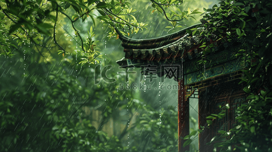 树木古风插画图片_雨季下雨古风古建筑房屋的插画13