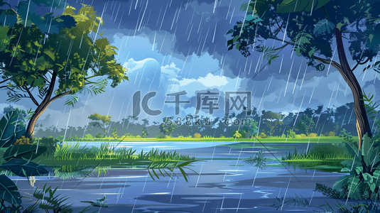 雨季下雨户外风景树木河流景色的插画4