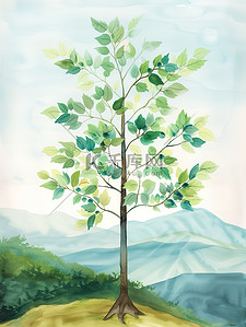 笔直的小树插画图片_一棵小树背后是远山素材