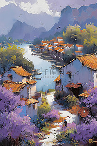 浅紫色的花朵的村庄水彩插画设计