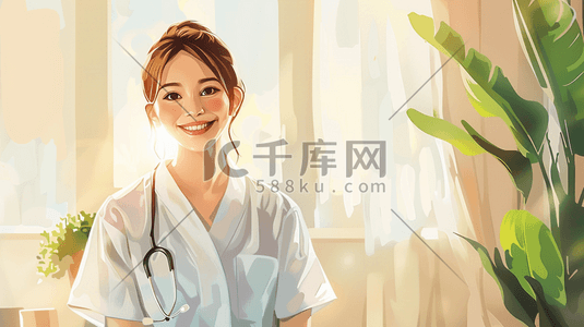 彩色手绘绘画护士在诊室的插画